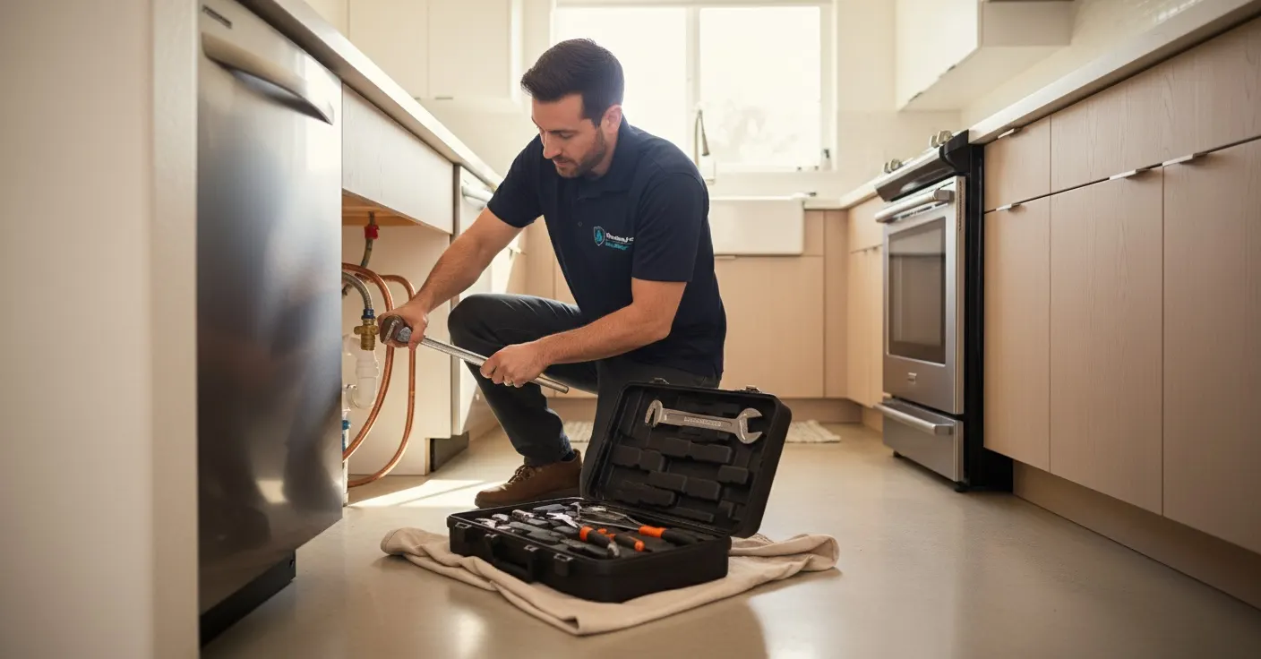 A plumber working on a water line in a San Diego house