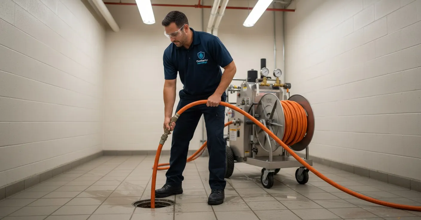 Plumber working on a hydro jetting job in a San Diego house