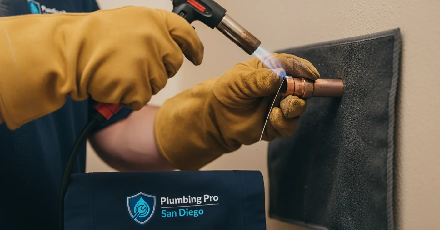 Plumber working on a whole-house repipe job in a San Diego house