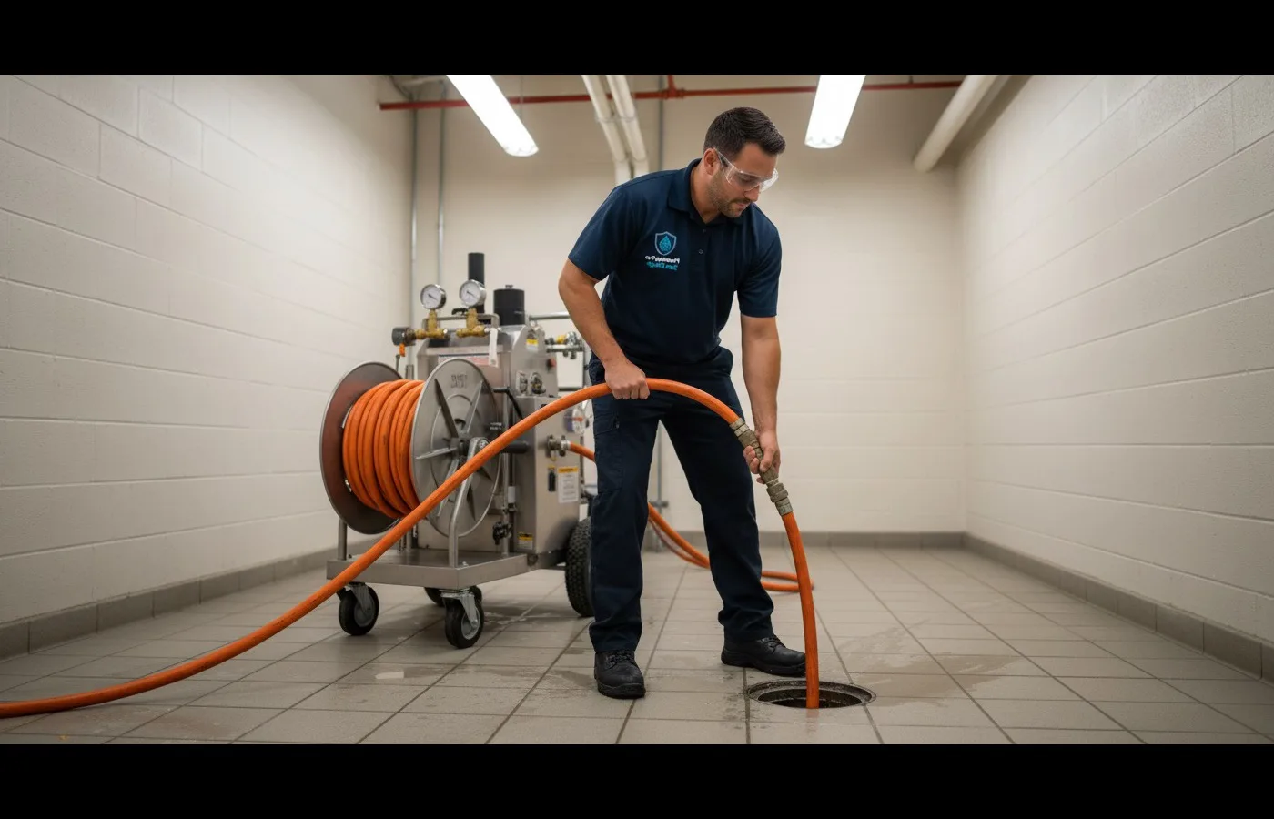 A worker feeds an orange jet hose from a reel machine down an open floor drain in a cinder-block room.