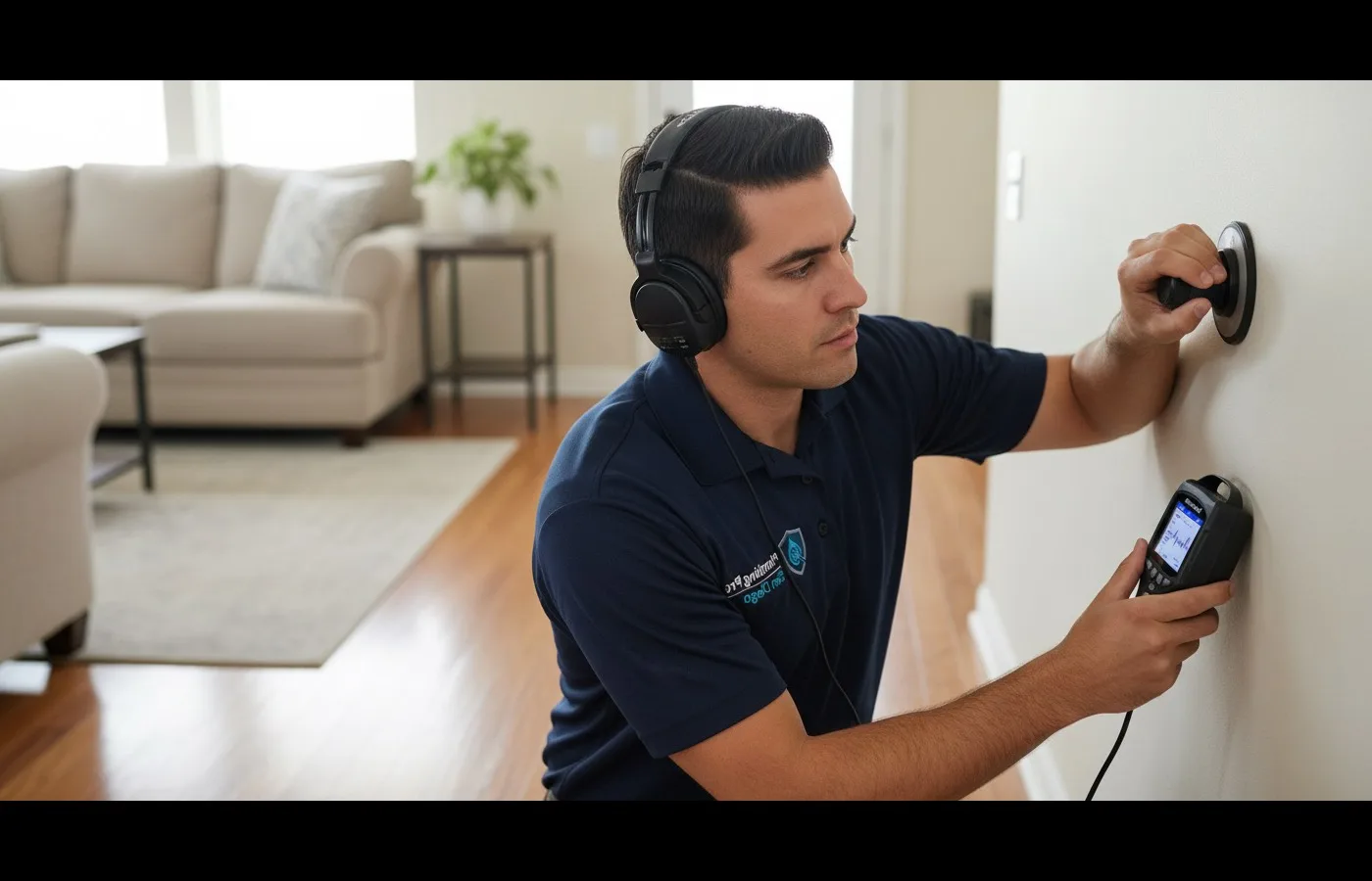 A plumber holds a listening disc against an interior wall and reads a handheld meter.