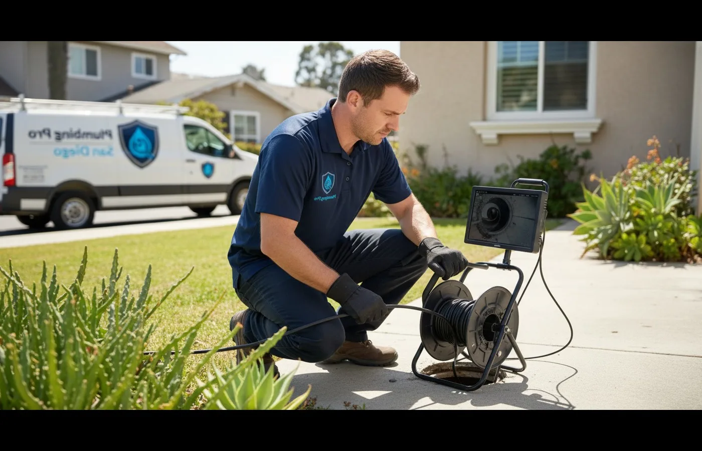 A plumber kneels at a sidewalk cleanout with a camera reel and a monitor showing the inside of a pipe.