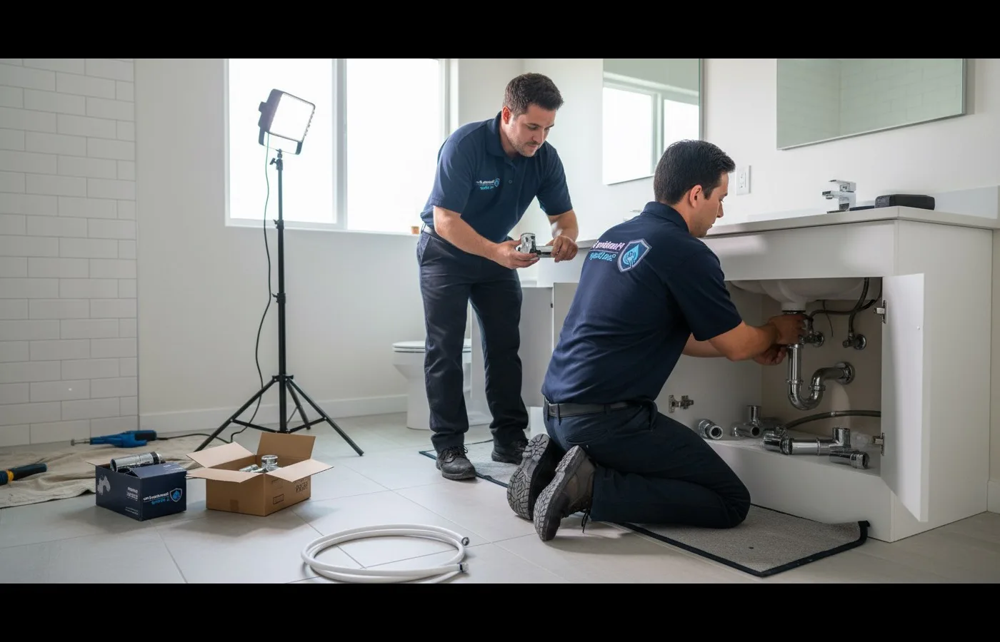 Two plumbers work at a bathroom vanity, one under the sink on the trap and one at the faucet.
